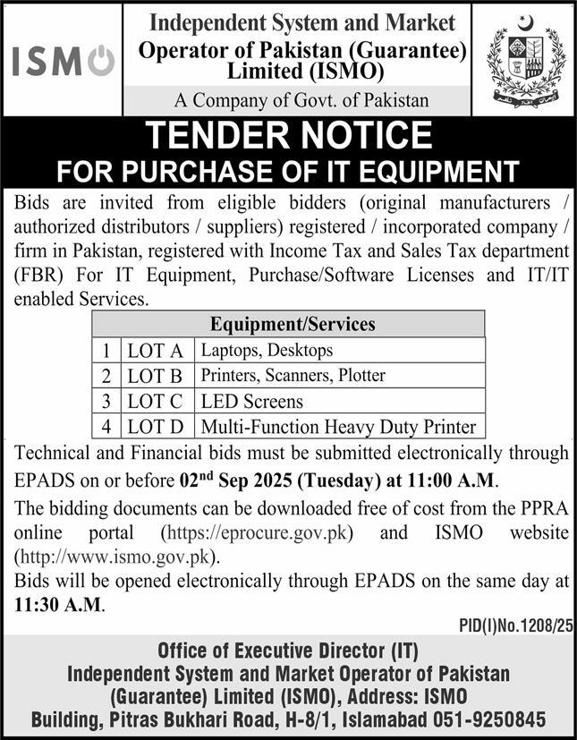 Independent System & Market Operator of Pakistan Islamabad Tender Notice